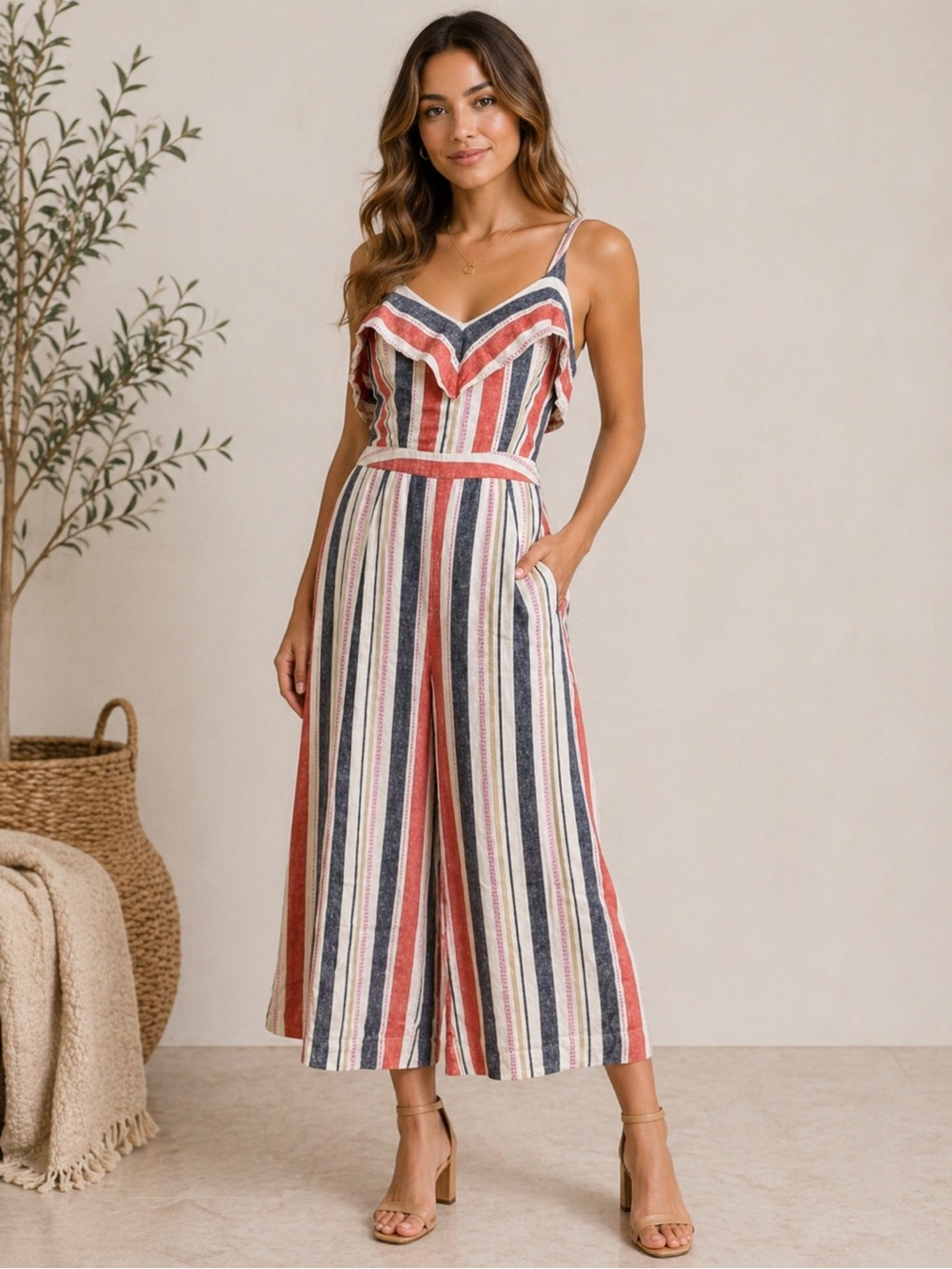 Parker Angie Cropped  striped Linen Jumpsuit‎ size 2